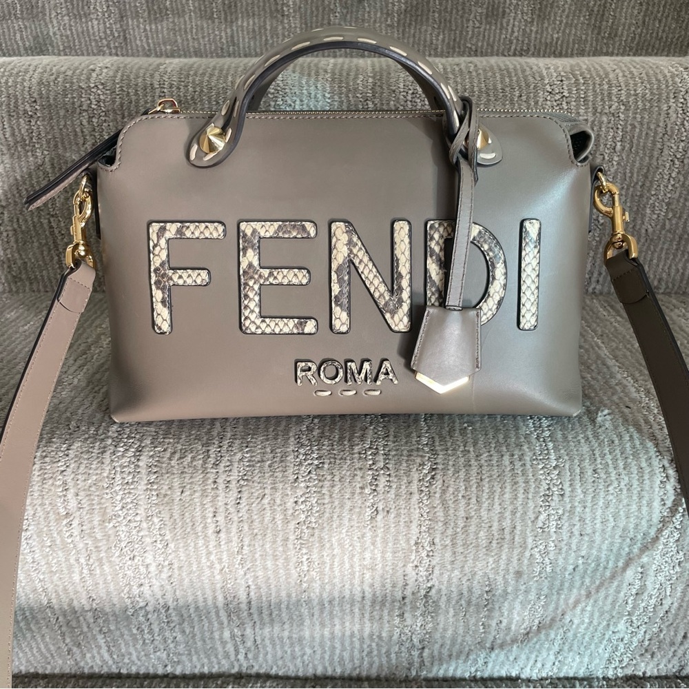 Fendi By The Way Medium Grey Leather & Python-Look Elaphe Boston Bag